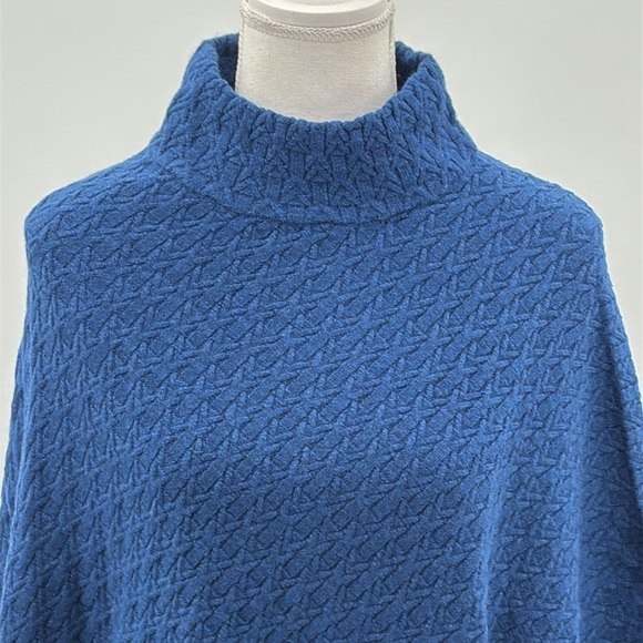Kinross Cashmere Cable Knit Turtleneck Poncho in Sapphire Blue -See Measurements - Picture 3 of 5